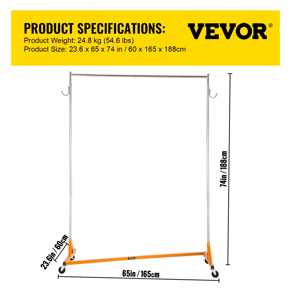 VEVOR Z Rack, Industrial Grade Z Base Garment Rack, Height Adjustable Rolling Z Garment Rack, Sturdy Steel Z Base Clothing Rack with Lockable Casters, for Home Clothing Store Display Orange (3 Sets)