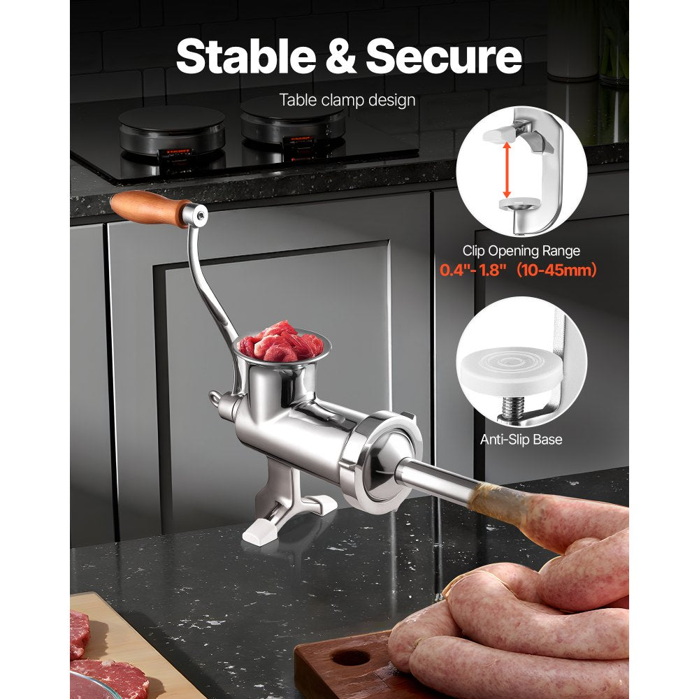 VEVOR Manual Meat Grinder, 304 Stainless Steel Hand Meat Grinder with Steel Table Clamp, Meat Mincer Sausage Maker with 1 Cutting Blade, 2 Cutting Plates, Sausage Tube for Beef Pork Pepper Mushroom
