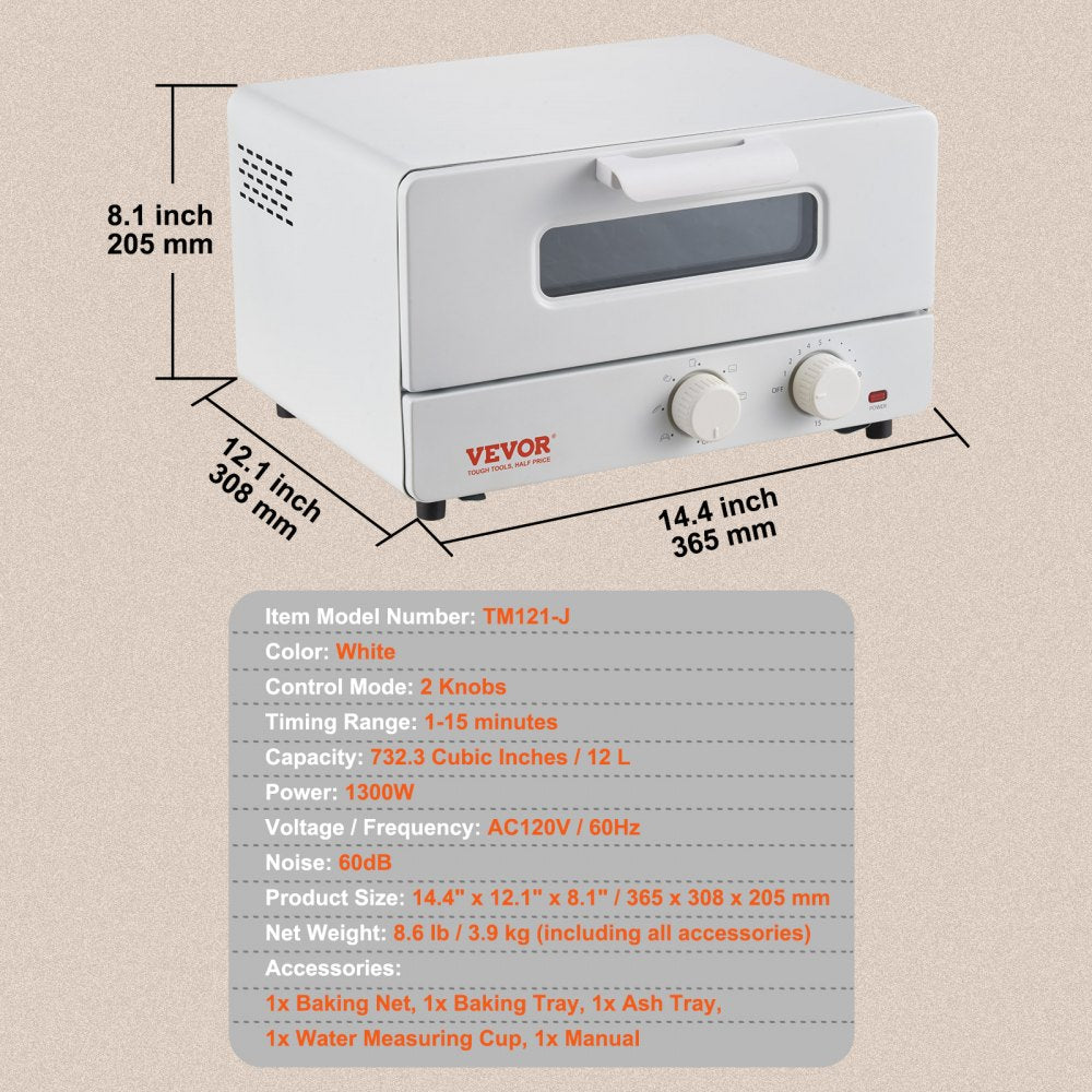 VEVOR 5-IN-1 Steam Oven Toaster, 12L Convection Oven, 1300W Steam Toaster Oven Countertop Combo with Grill, Pizza Pan, Gloves, 2 Slices Toast, 6-inch Pizza, Home and Commercial Use