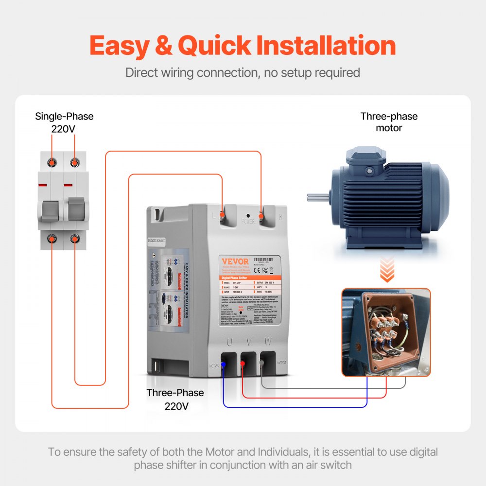 VEVOR 3 Phase Converter - 2HP 7A 220V Single Phase to 3 Phase Converter, 220V Input/Output, Digital Phase Shifter for Residential & Light Commercial Use (One Converter for One Motor Only)