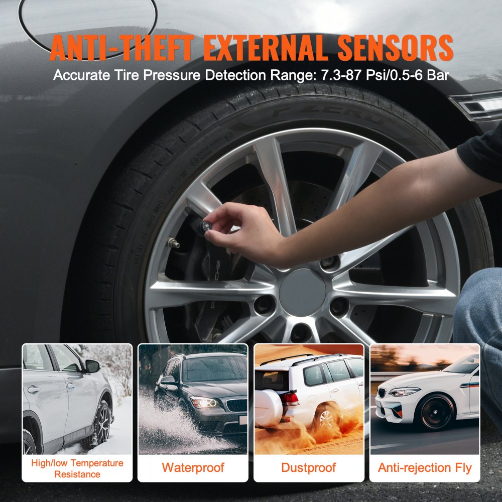 VEVOR RV Tire Pressure Monitoring System, 7.3-87 PSI Trailer TPMS, Universal Wireless Car Alarm System, Waterproof TPMS Sensors Set with 4 Sensors, 5 Alarm Modes, Real-time Display, Easy to Install