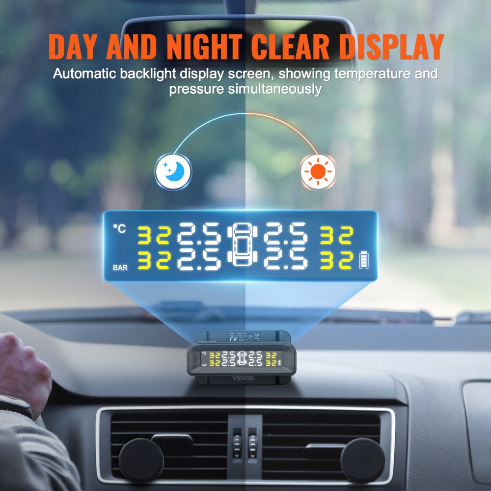 VEVOR RV Tire Pressure Monitoring System, 7.3-87 PSI Trailer TPMS, Universal Wireless Car Alarm System, Waterproof TPMS Sensors Set with Solar Charge, 4 Sensors, 5 Alarm Modes, and Real-time Display