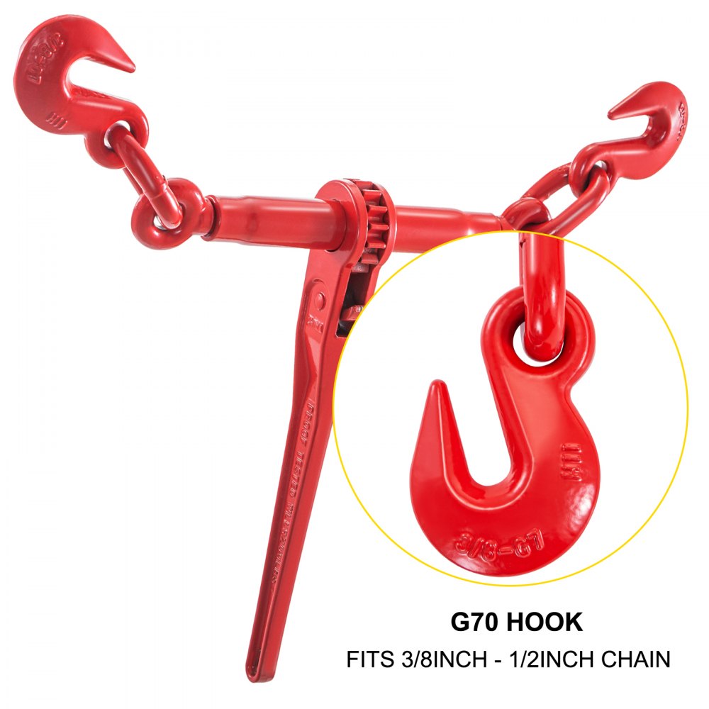 VEVOR 9215LBS 3/8\" – 1/2\" Ratchet Binders 9,215 LBS Secure Working Load, G70 Hooks and Adjustable Length, for Grade 70-80 Chains, Tie Down, Hauling, Towing, 2-Pack, Red