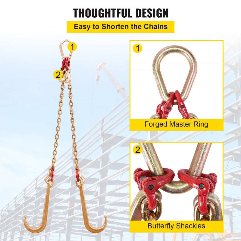 VEVOR G80 V Bridle Chain, 5/16" x 2' Towing Chain Bridle with 15" J Hooks, T Hooks & Grab Hooks, Heavy Duty Transport Chain Bridle with 10800 lbs Safe Working Load for Flatbed Truck Wrecker Recovery