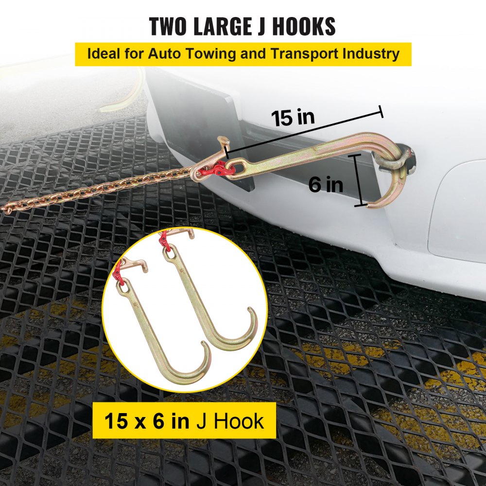VEVOR G80 V Bridle Chain, 5/16" x 2' Towing Chain Bridle with 15" J Hooks, T Hooks & Grab Hooks, Heavy Duty Transport Chain Bridle with 10800 lbs Safe Working Load for Flatbed Truck Wrecker Recovery