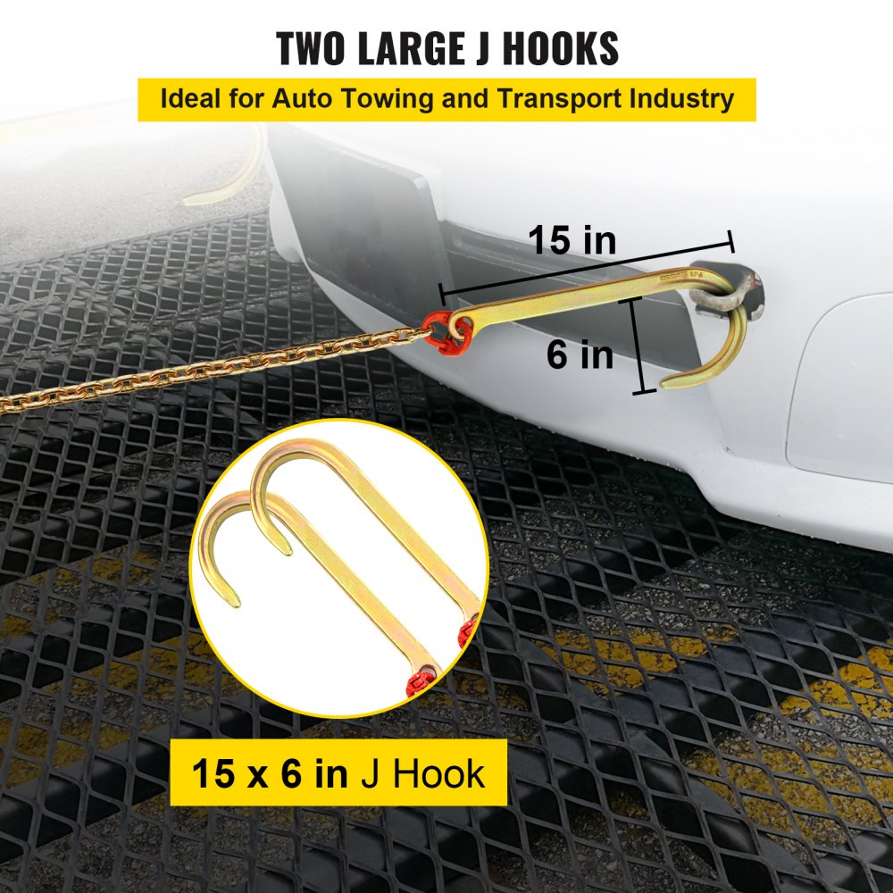 VEVOR J Hook Chain, 2PCS 5/16" x 10' G80 15" Long Shank J Hook Tow Chain with RTJ Cluster Hook & Grab Hook, 5400 lbs Working Load, Heavy Duty Transport Truck Chain for Wrecker Recovery Trailer Towing