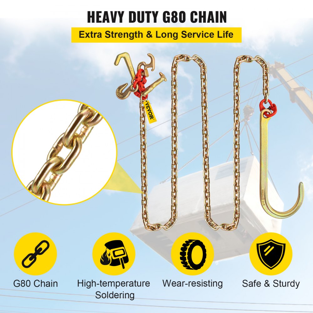 VEVOR J Hook Chain, 2PCS 5/16" x 10' G80 15" Long Shank J Hook Tow Chain with RTJ Cluster Hook & Grab Hook, 5400 lbs Working Load, Heavy Duty Transport Truck Chain for Wrecker Recovery Trailer Towing