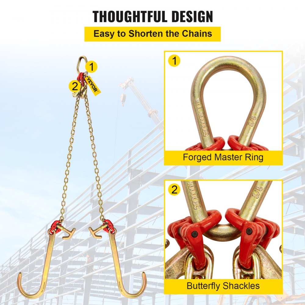 VEVOR G80 V Bridle Chain, 5/16" x 2' Towing Chain Bridle with 15" J Hooks, R Hooks & Grab Hooks, Heavy Duty Transport Chain Bridle with 10800 lbs Safe Working Load for Flatbed Truck Wrecker Recovery