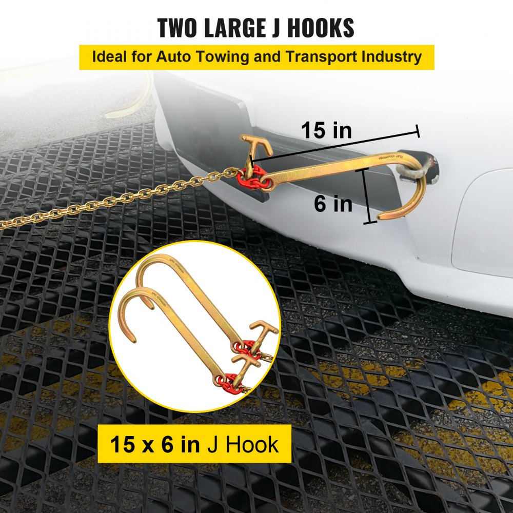 VEVOR G80 V Bridle Chain, 5/16" x 2' Towing Chain Bridle with 15" J Hooks, R Hooks & Grab Hooks, Heavy Duty Transport Chain Bridle with 10800 lbs Safe Working Load for Flatbed Truck Wrecker Recovery