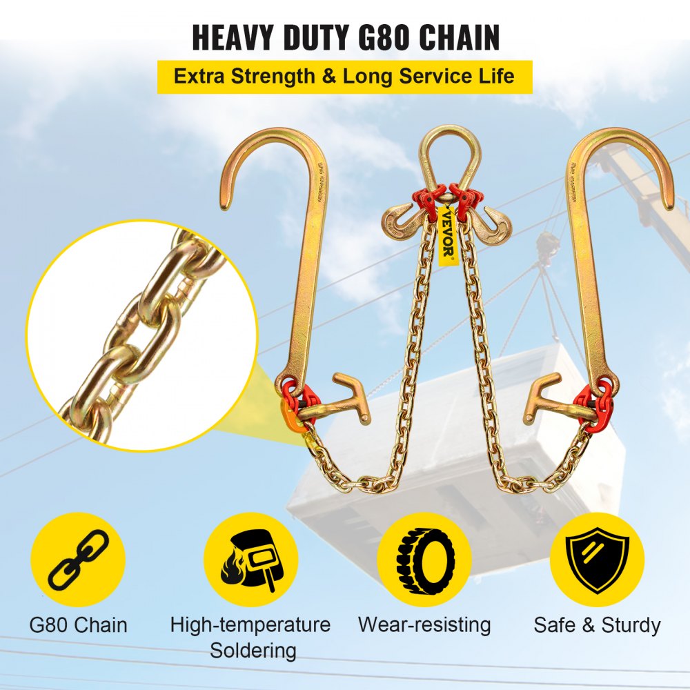 VEVOR G80 V Bridle Chain, 5/16" x 2' Towing Chain Bridle with 15" J Hooks, R Hooks & Grab Hooks, Heavy Duty Transport Chain Bridle with 10800 lbs Safe Working Load for Flatbed Truck Wrecker Recovery