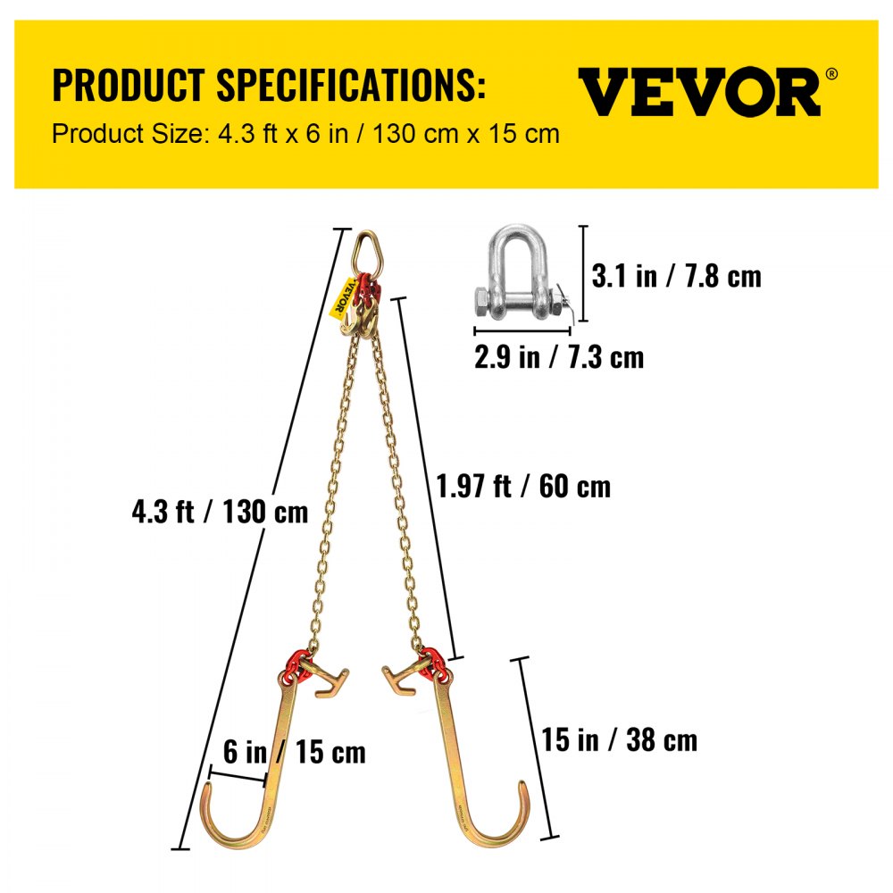 VEVOR G80 V Bridle Chain, 5/16" x 2' Towing Chain Bridle with 15" J Hooks, R Hooks & Grab Hooks, Heavy Duty Transport Chain Bridle with 10800 lbs Safe Working Load for Flatbed Truck Wrecker Recovery