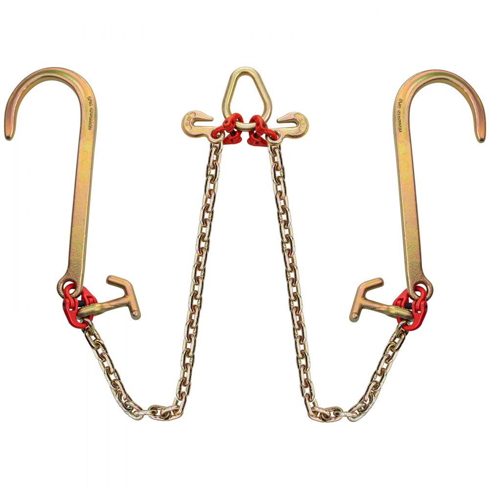 VEVOR G80 V Bridle Chain, 5/16" x 2' Towing Chain Bridle with 15" J Hooks, R Hooks & Grab Hooks, Heavy Duty Transport Chain Bridle with 10800 lbs Safe Working Load for Flatbed Truck Wrecker Recovery