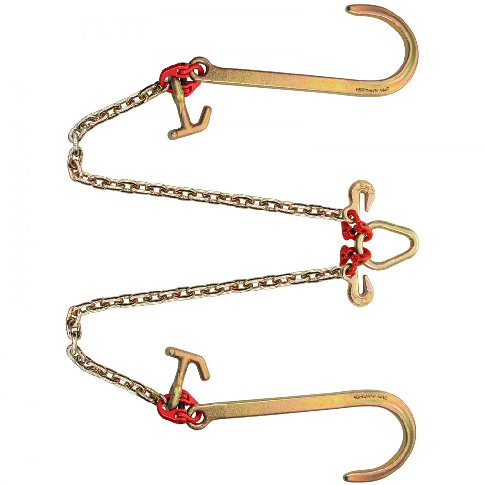 VEVOR G80 V Bridle Chain, 5/16" x 2' Towing Chain Bridle with 15" J Hooks, R Hooks & Grab Hooks, Heavy Duty Transport Chain Bridle with 10800 lbs Safe Working Load for Flatbed Truck Wrecker Recovery