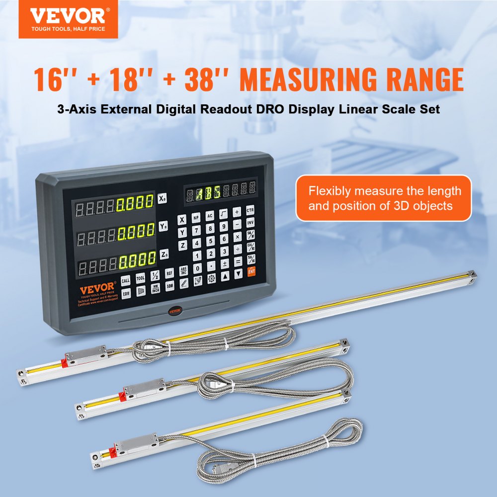 VEVOR Digital Readout 16 inch & 18 inch & 38 inch Linear Scale 3 Axis DRO Display Kit Multifunctional Crystal-Clear Display Precision 5μm Read Head