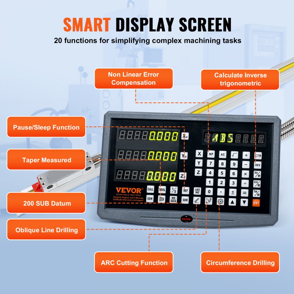 VEVOR Digital Readout 16 inch & 18 inch & 38 inch Linear Scale 3 Axis DRO Display Kit Multifunctional Crystal-Clear Display Precision 5μm Read Head