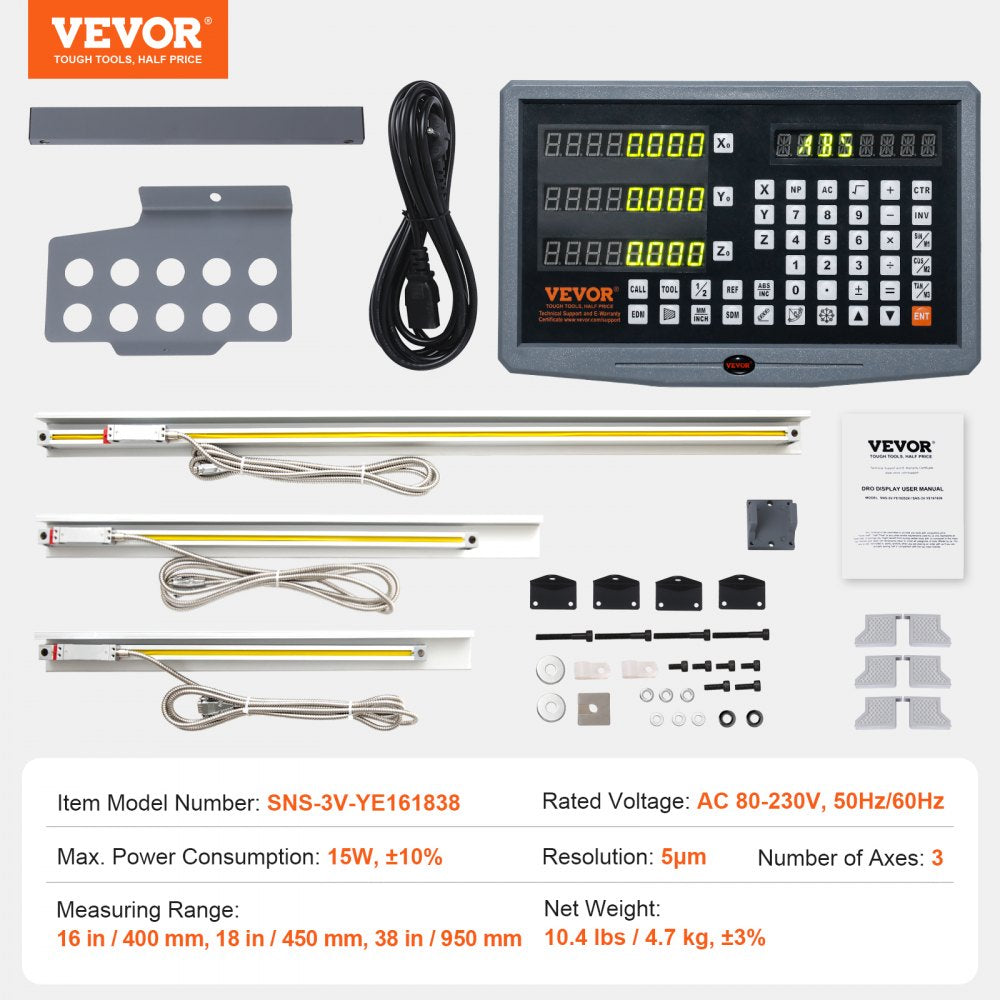 VEVOR Digital Readout 16 inch & 18 inch & 38 inch Linear Scale 3 Axis DRO Display Kit Multifunctional Crystal-Clear Display Precision 5μm Read Head