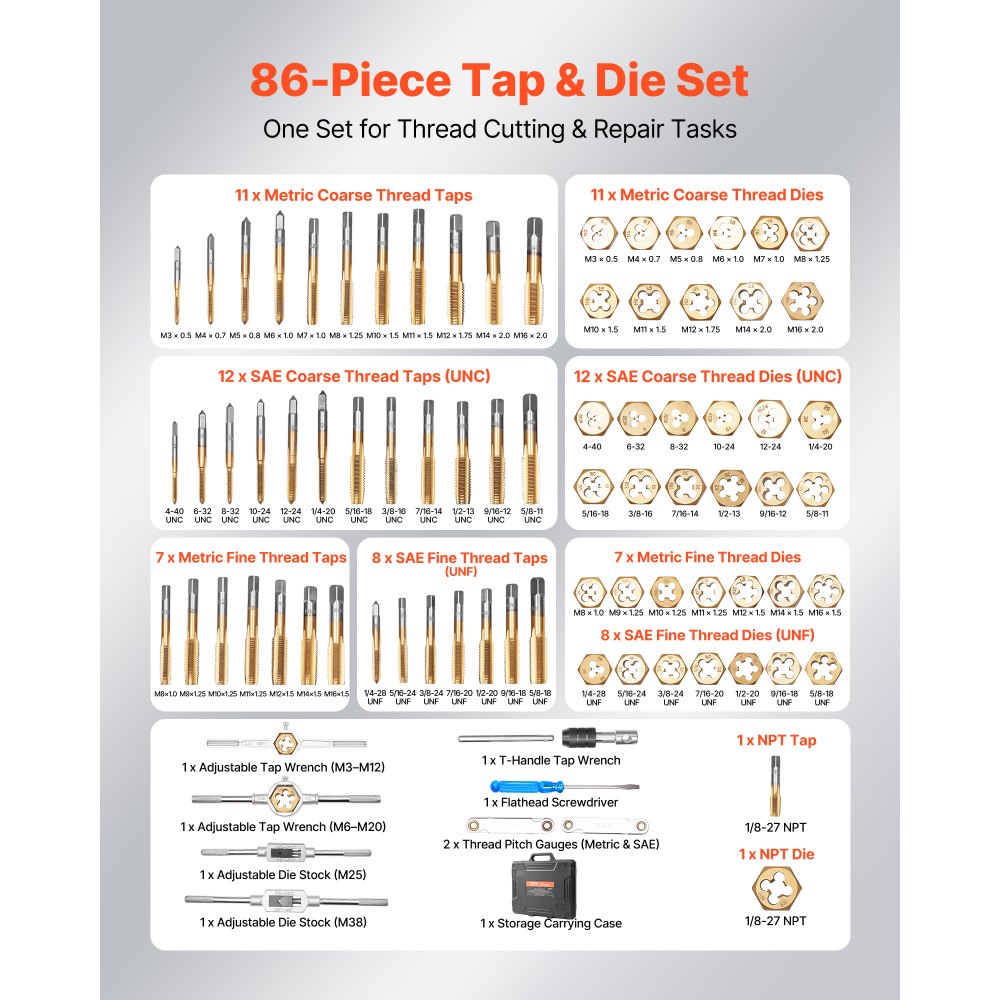 VEVOR Tap and Die Set, 86-Piece Metric and SAE Sizes M3 to M12, #4 to 5/8", with Coarse and Fine Thread Taps and Dies, Wrench, Carrying Case and Complete Accessories, for Threading and Rethreading