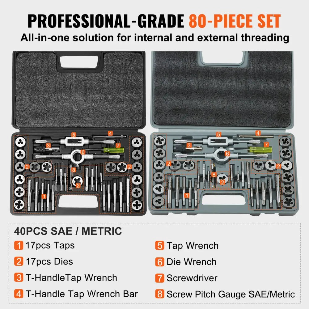 VEVOR Tap and Die Set, 80-Piece Metric and SAE Standard, Bearing Steel Taps and Dies, Essential Threading Tool for Cutting External Internal Threads, with Complete Accessories and Storage Case