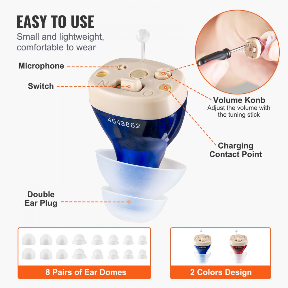 VEVOR Hearing Aids for Seniors, Rechargeable Hearing Amplifiers With Noise Cancelling and Volume Control, Digital In-Ear Hearing Assist Device with Charging Case and 8 Pair of Ear Domes