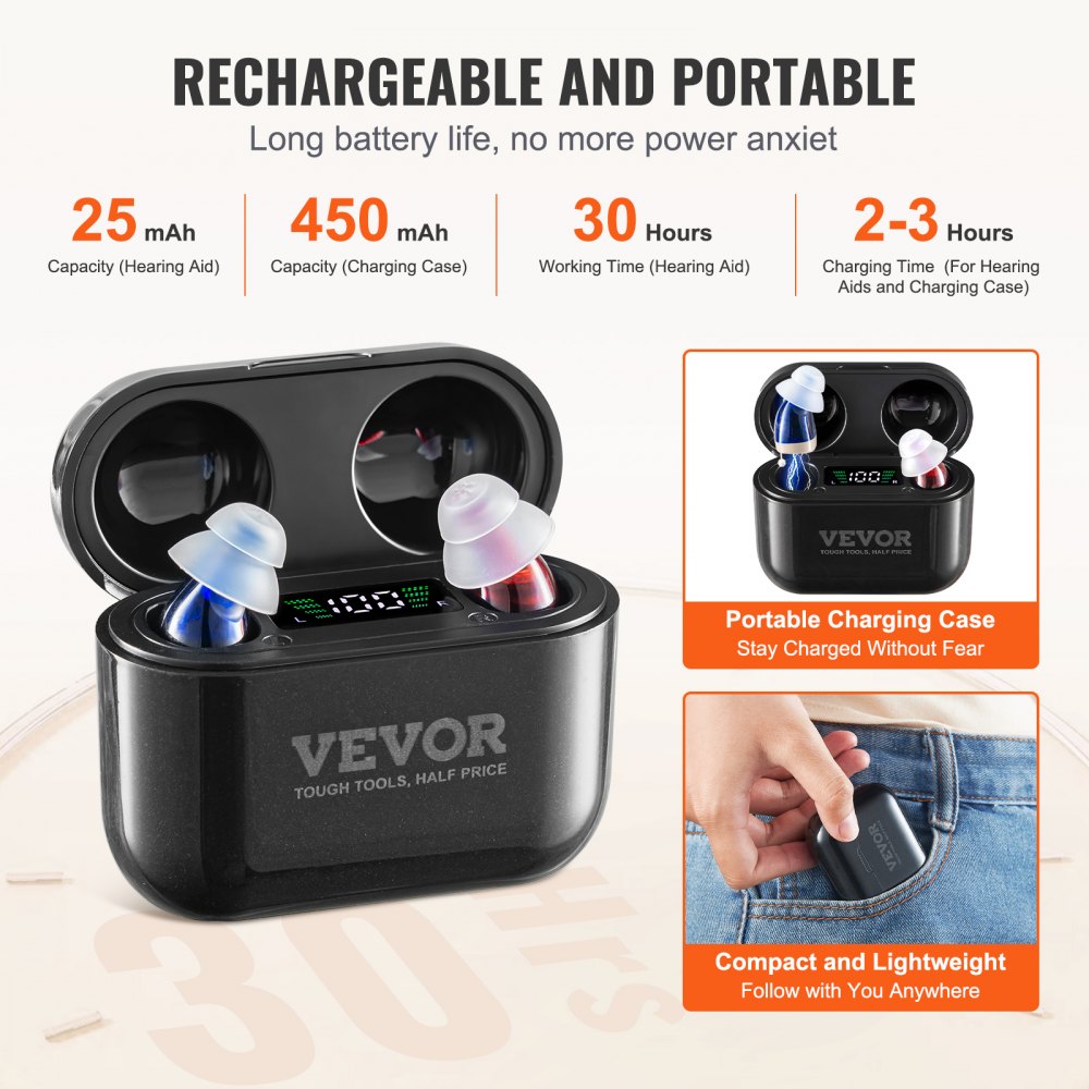 VEVOR Hearing Aids for Seniors, Rechargeable Hearing Amplifiers With Noise Cancelling and Volume Control, Digital In-Ear Hearing Assist Device with Charging Case and 8 Pair of Ear Domes