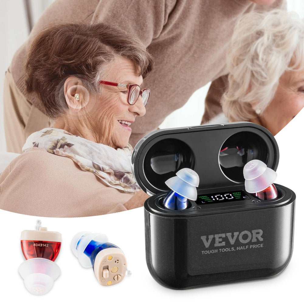 VEVOR Hearing Aids for Seniors, Rechargeable Hearing Amplifiers With Noise Cancelling and Volume Control, Digital In-Ear Hearing Assist Device with Charging Case and 8 Pair of Ear Domes