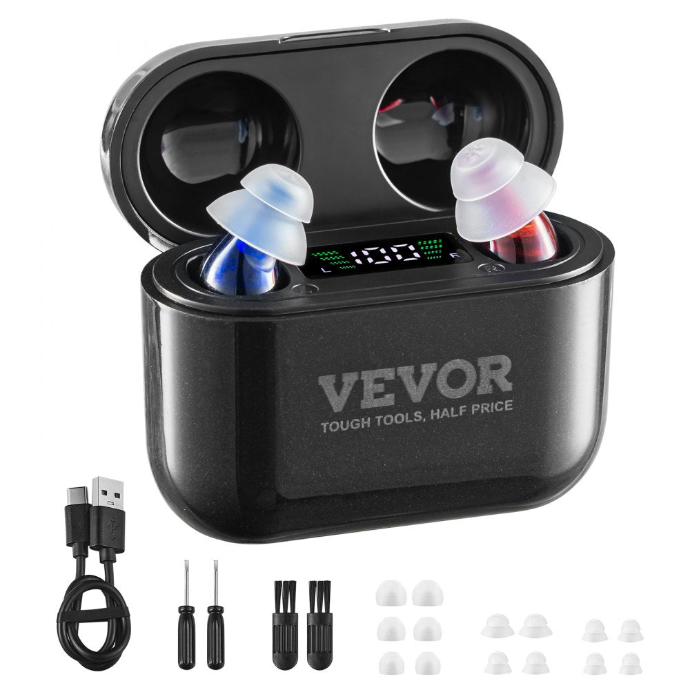 VEVOR Hearing Aids for Seniors, Rechargeable Hearing Amplifiers With Noise Cancelling and Volume Control, Digital In-Ear Hearing Assist Device with Charging Case and 8 Pair of Ear Domes