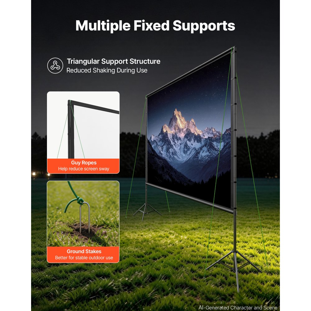 VEVOR Projector Screen with Stands, 180 Inch 16:9 4K 1080P HD Movie Screen, 170° Wide Viewing, Front/Rear Projection Screen with Dual Tripod, Ground Stakes & Guy Ropes for Indoor Outdoor Movie Nights