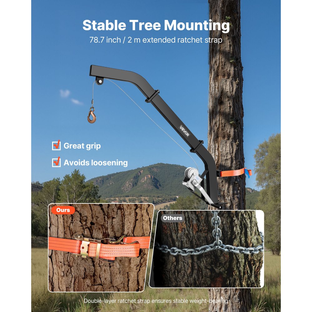 VEVOR Tree Mounted Deer Hoist, 353 lbs Load Capacity, Hunting Game Hoist Winch Lift with Ratchet Strap, Heavy Duty Deer Hanger for Skinning, Cleaning, Hanging Feed, and Field Dressing, Black