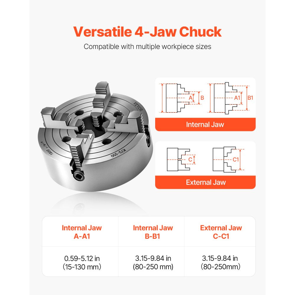 VEVOR 4-Jaw Lathe Chuck, 10 in (250 mm), Lathe Chuck, 0.6-9.84 in (15-250 mm) Clamping Range with T-key Fixing Screws Reversible Jaws, HT300 Cast Iron Material, Internal External for Wood Metal Lathe