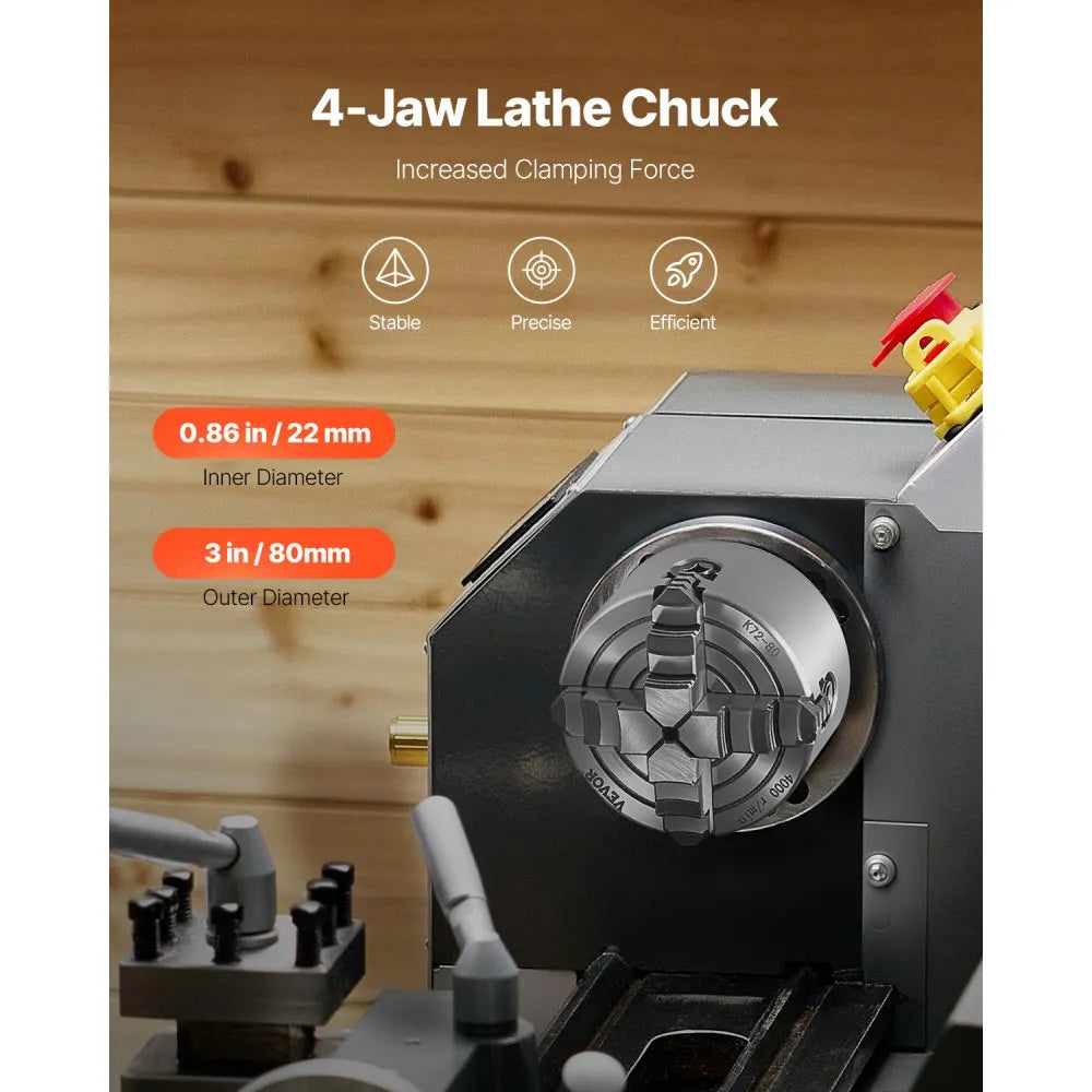 VEVOR 4-Jaw Lathe Chuck, 3 Inch (80 mm), 4-Jaw Independent Chuck, 0.1-3.15 in (5-80 mm) Clamping Range with T-key Fixing Screws Reversible Jaws, HT300 Material, Internal External for Wood Metal Lathe
