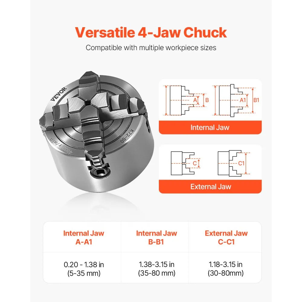 VEVOR 4-Jaw Lathe Chuck, 3 Inch (80 mm), 4-Jaw Independent Chuck, 0.1-3.15 in (5-80 mm) Clamping Range with T-key Fixing Screws Reversible Jaws, HT300 Material, Internal External for Wood Metal Lathe
