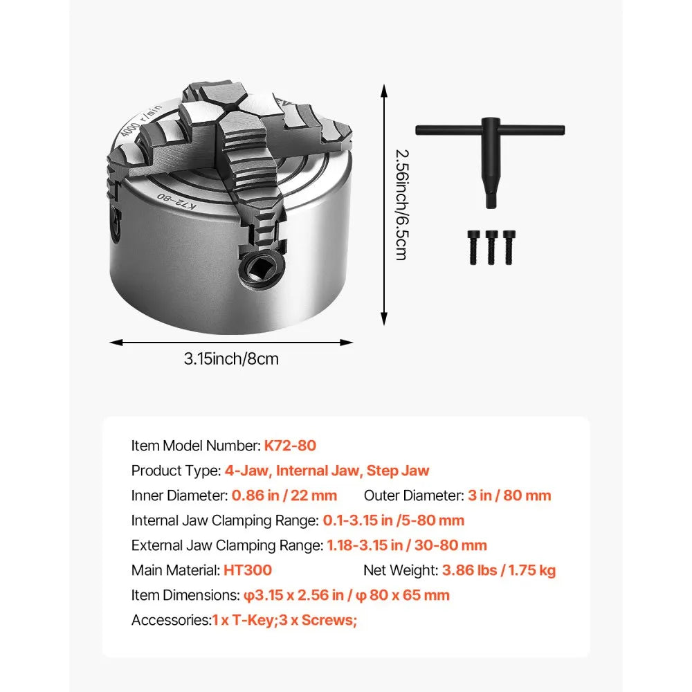 VEVOR 4-Jaw Lathe Chuck, 3 Inch (80 mm), 4-Jaw Independent Chuck, 0.1-3.15 in (5-80 mm) Clamping Range with T-key Fixing Screws Reversible Jaws, HT300 Material, Internal External for Wood Metal Lathe