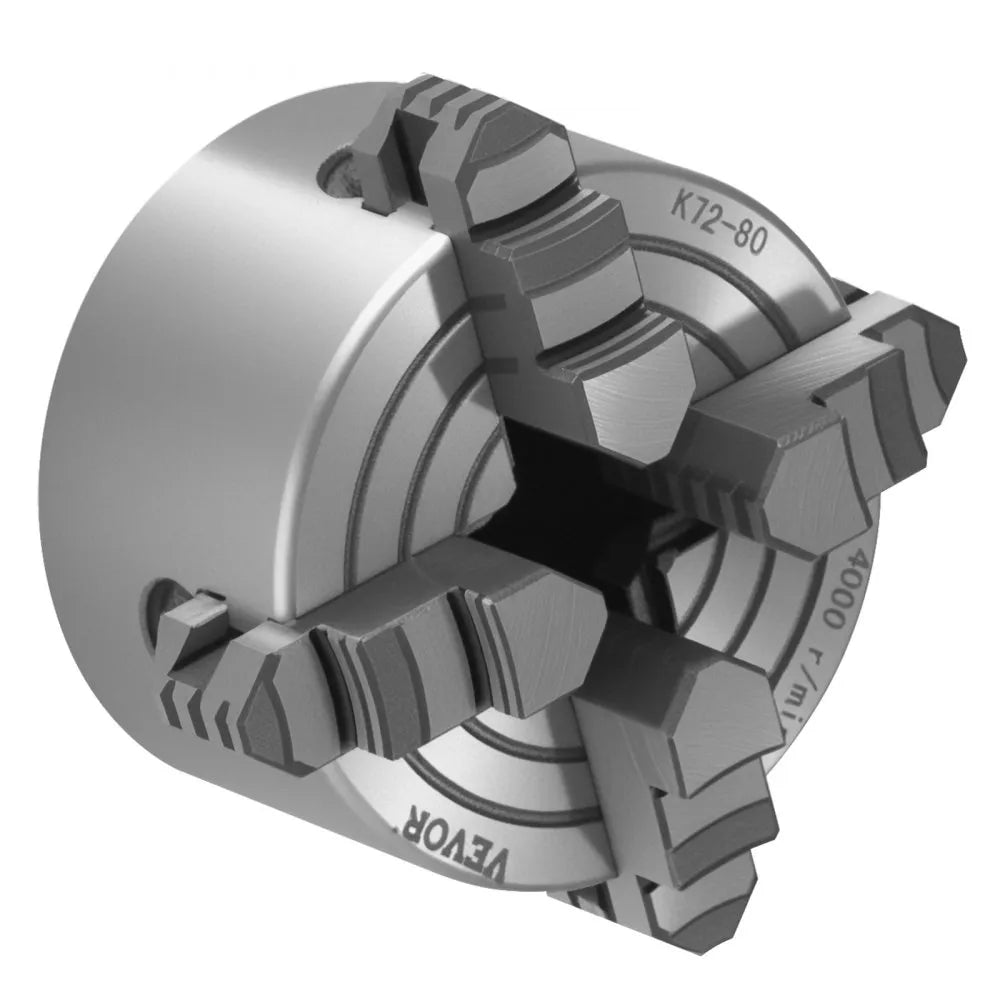 VEVOR 4-Jaw Lathe Chuck, 3 Inch (80 mm), 4-Jaw Independent Chuck, 0.1-3.15 in (5-80 mm) Clamping Range with T-key Fixing Screws Reversible Jaws, HT300 Material, Internal External for Wood Metal Lathe