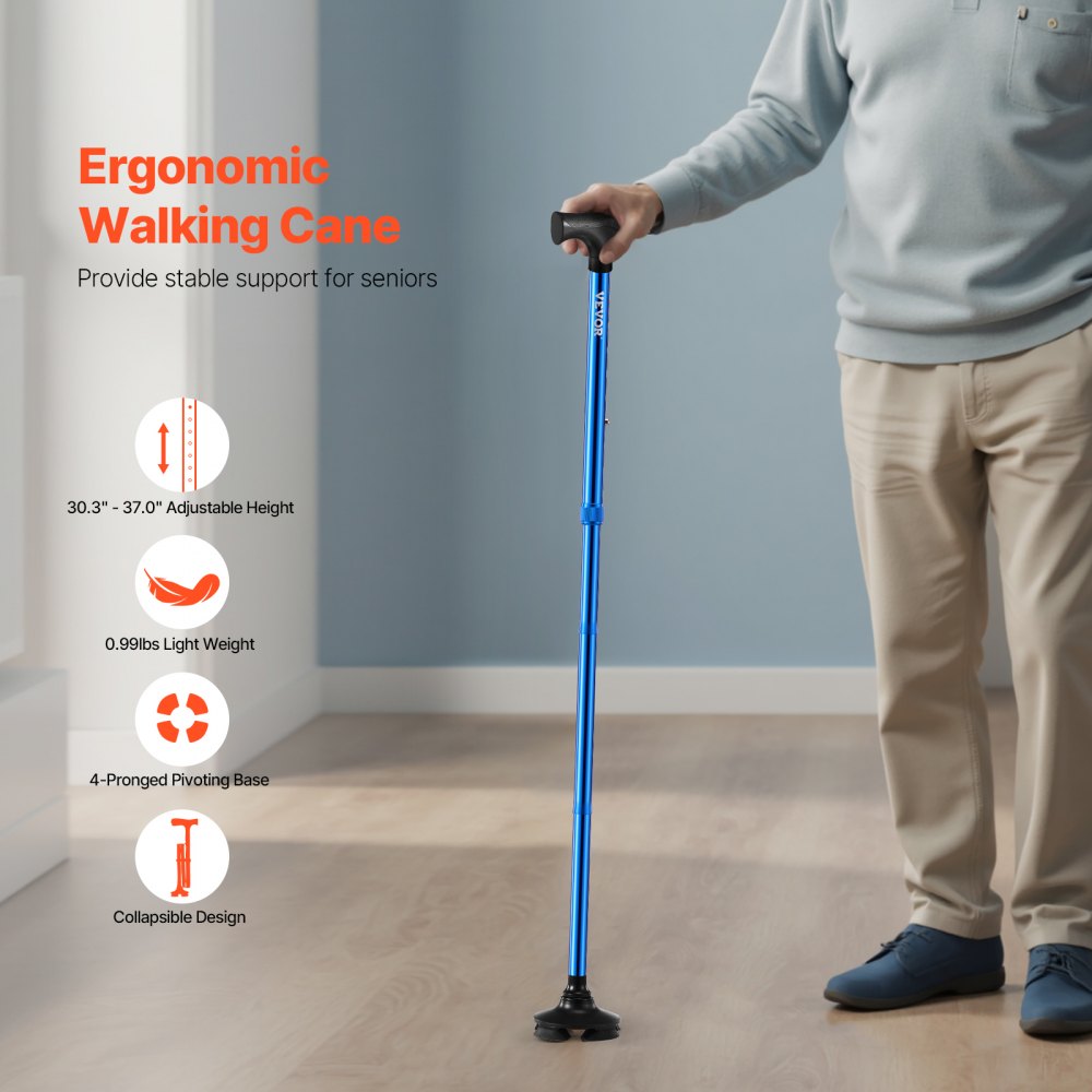 VEVOR Walking Cane for Man Woman, Folding Walking Stick with 8-Level Adjustable Height and 4-Pronged Pivoting Base, Lightweight & Portable Aluminum Mobility Aid for Senior Adult, 250LBS Loading (Blue)