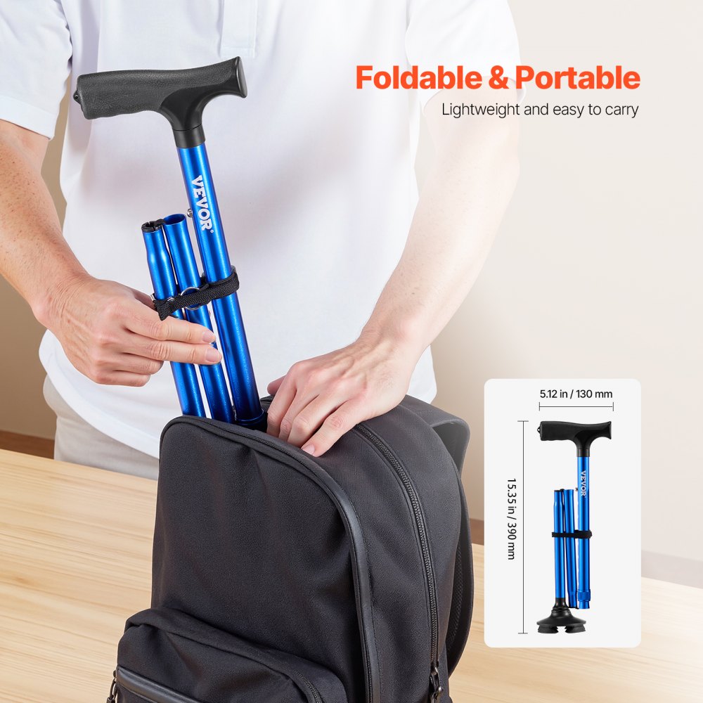 VEVOR Walking Cane for Man Woman, Folding Walking Stick with 8-Level Adjustable Height and 4-Pronged Pivoting Base, Lightweight & Portable Aluminum Mobility Aid for Senior Adult, 250LBS Loading (Blue)