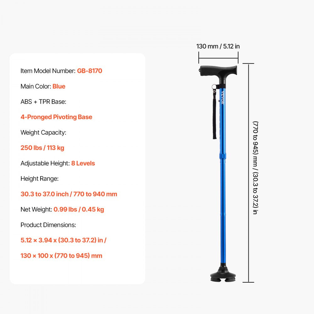 VEVOR Walking Cane for Man Woman, Folding Walking Stick with 8-Level Adjustable Height and 4-Pronged Pivoting Base, Lightweight & Portable Aluminum Mobility Aid for Senior Adult, 250LBS Loading (Blue)