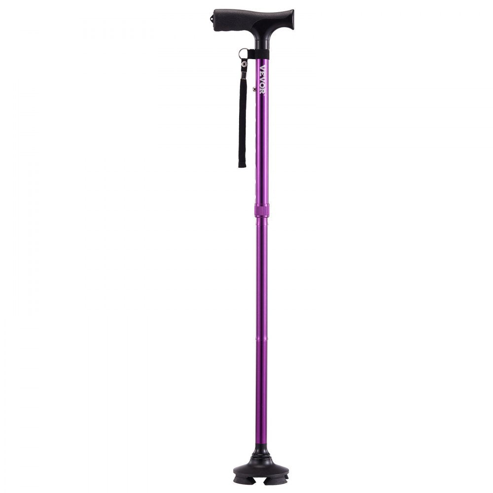 VEVOR Walking Cane for Man Woman, Folding Walking Stick with 8-Level Adjustable Height, 4-Pronged Pivoting Base, Lightweight & Portable Aluminum Mobility Aid for Senior Adults, 250LBS Loading (Purple)