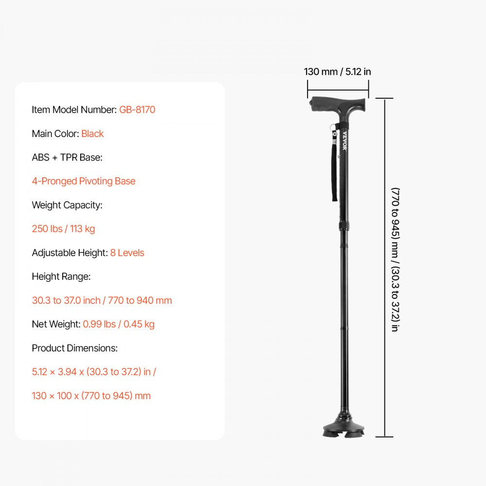 VEVOR Walking Cane for Man Woman, Folding Walking Stick with 8-Level Adjustable Height, 4-Pronged Pivoting Base, Lightweight & Portable Aluminum Mobility Aid for Seniors Adults, 250LBS Loading (Black)