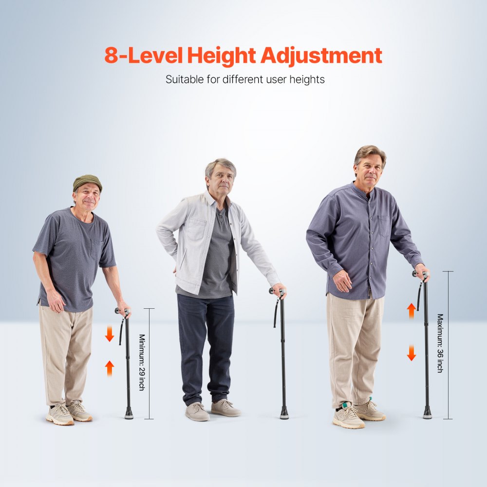 VEVOR Walking Cane for Man Woman, Folding Walking Stick with 8-Level Adjustable Height & Anti-Slip Tip, Lightweight and Portable Aluminum Mobility Walking Aid for Senior Adult, 250LBS Loading