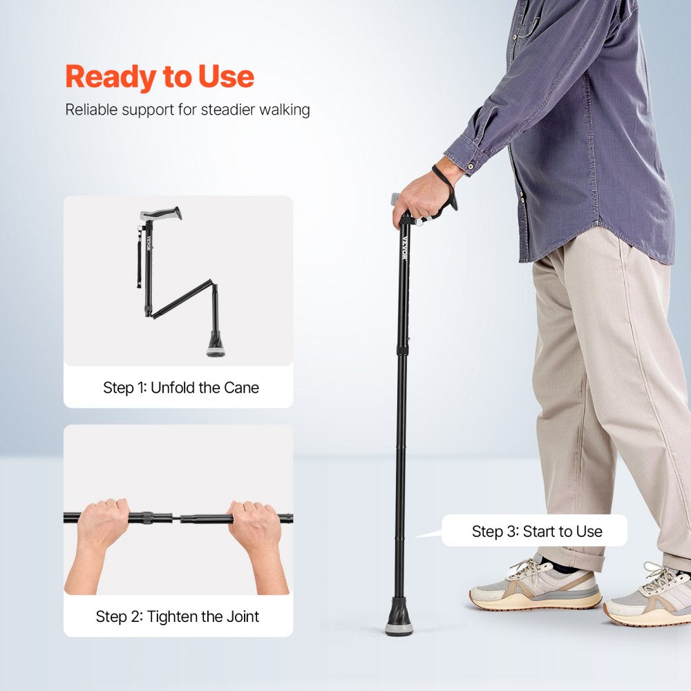VEVOR Walking Cane for Man Woman, Folding Walking Stick with 8-Level Adjustable Height & Anti-Slip Tip, Lightweight and Portable Aluminum Mobility Walking Aid for Senior Adult, 250LBS Loading