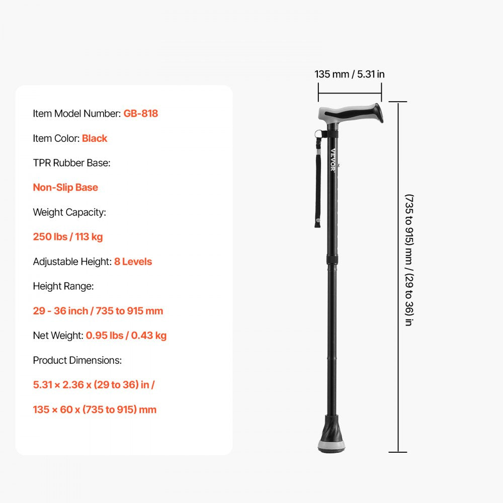 VEVOR Walking Cane for Man Woman, Folding Walking Stick with 8-Level Adjustable Height & Anti-Slip Tip, Lightweight and Portable Aluminum Mobility Walking Aid for Senior Adult, 250LBS Loading