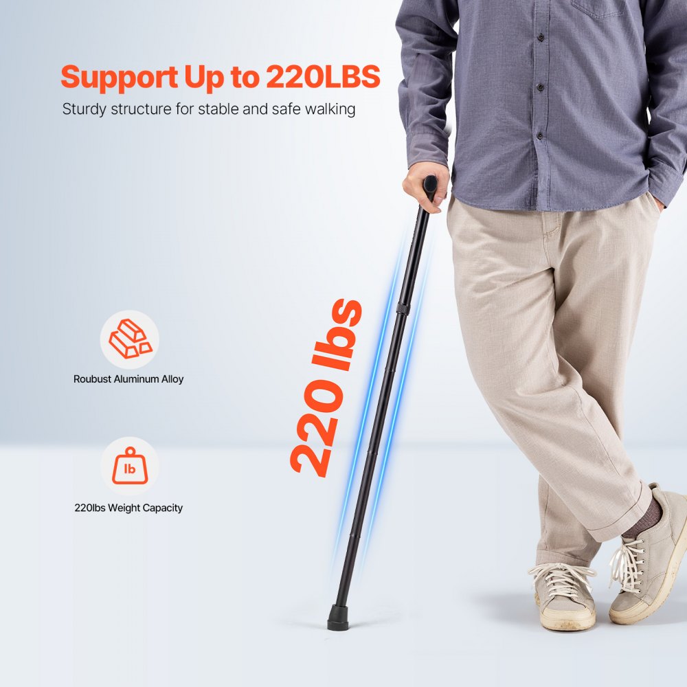 VEVOR Walking Cane for Man Woman, Folding Walking Stick with 5-Level Adjustable Height & Anti-Slip Rubber Tip, Lightweight and Portable Aluminum Mobility Walking Aid for Seniors Adults, 220LBS Loading