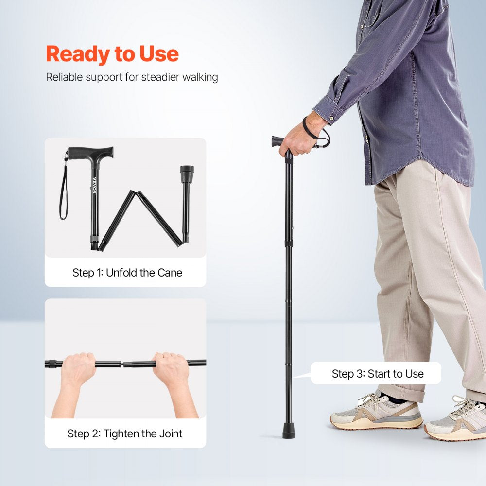 VEVOR Walking Cane for Man Woman, Folding Walking Stick with 5-Level Adjustable Height & Anti-Slip Rubber Tip, Lightweight and Portable Aluminum Mobility Walking Aid for Seniors Adults, 220LBS Loading