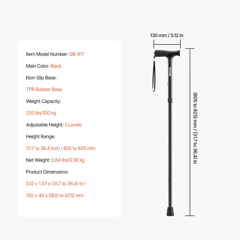 VEVOR Walking Cane for Man Woman, Folding Walking Stick with 5-Level Adjustable Height & Anti-Slip Rubber Tip, Lightweight and Portable Aluminum Mobility Walking Aid for Seniors Adults, 220LBS Loading