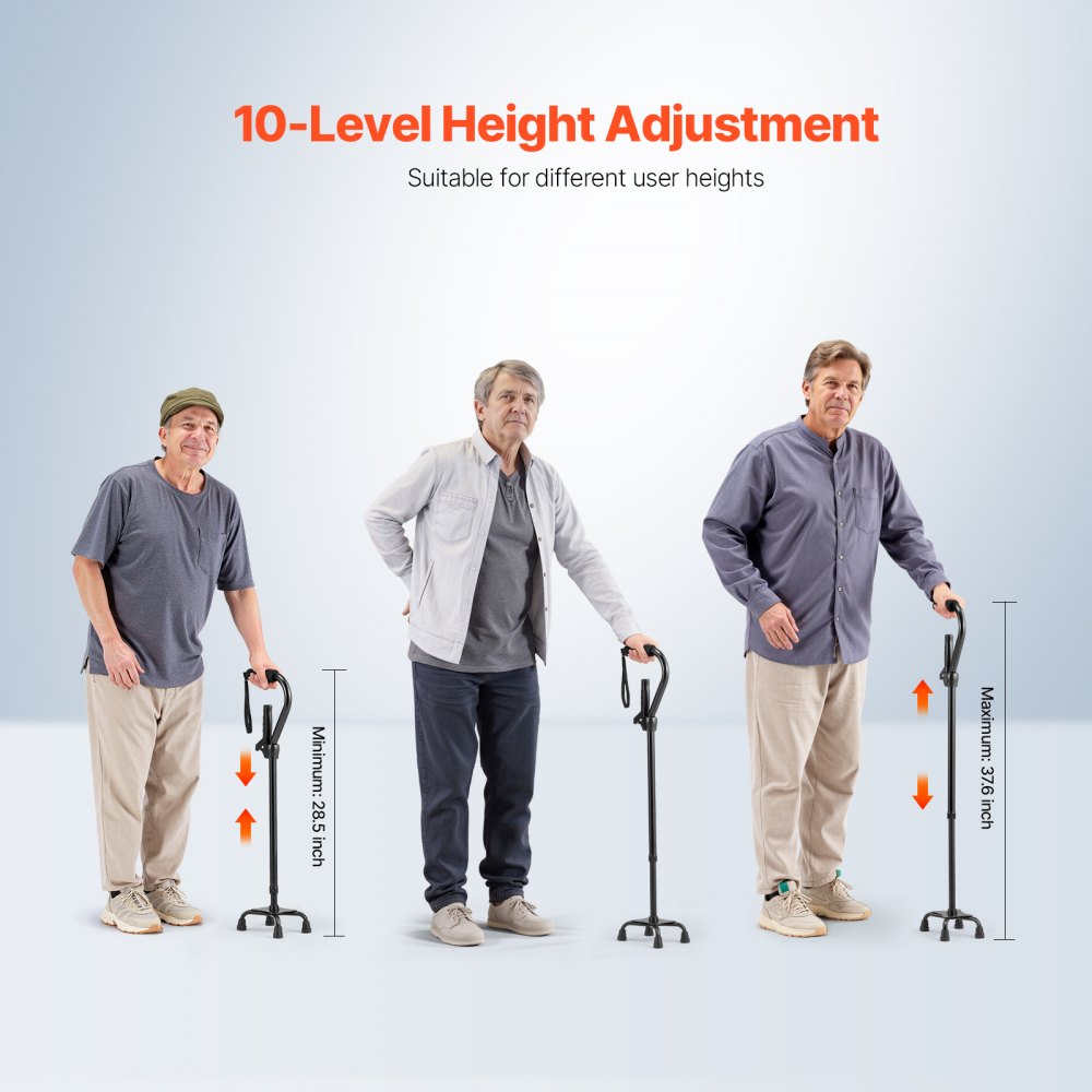 VEVOR Quad Walking Cane, 10-Level Height Adjustable Walking Stick with 4-Pronged Stable Base, Lightweight & Portable Aluminum Mobility Walking Aid for Seniors Adults Man Woman, 250LBS Loading Capacity