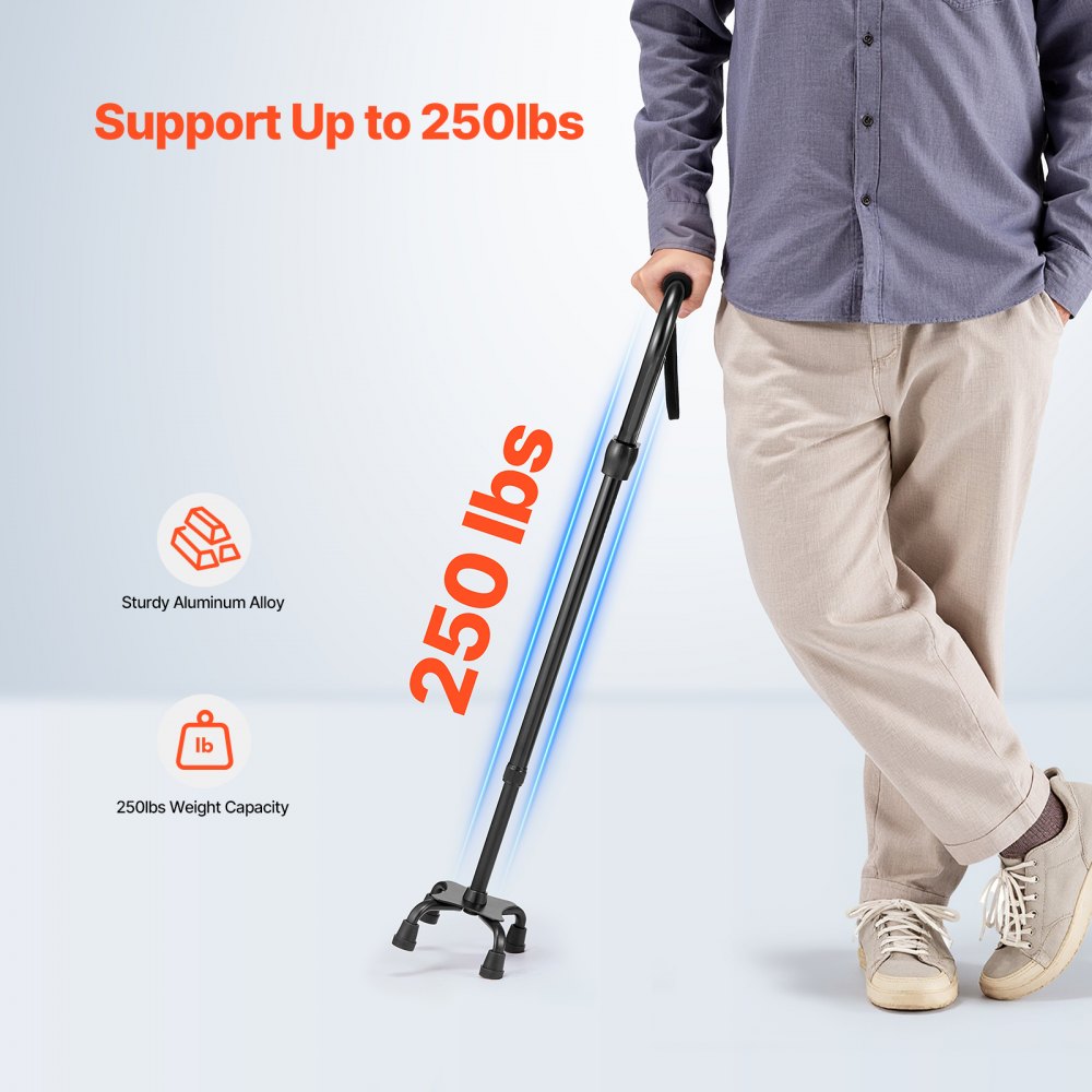 VEVOR Quad Walking Cane, 10-Level Height Adjustable Walking Stick with 4-Pronged Stable Base, Lightweight & Portable Aluminum Mobility Walking Aid for Seniors Adults Man Woman, 250LBS Loading Capacity