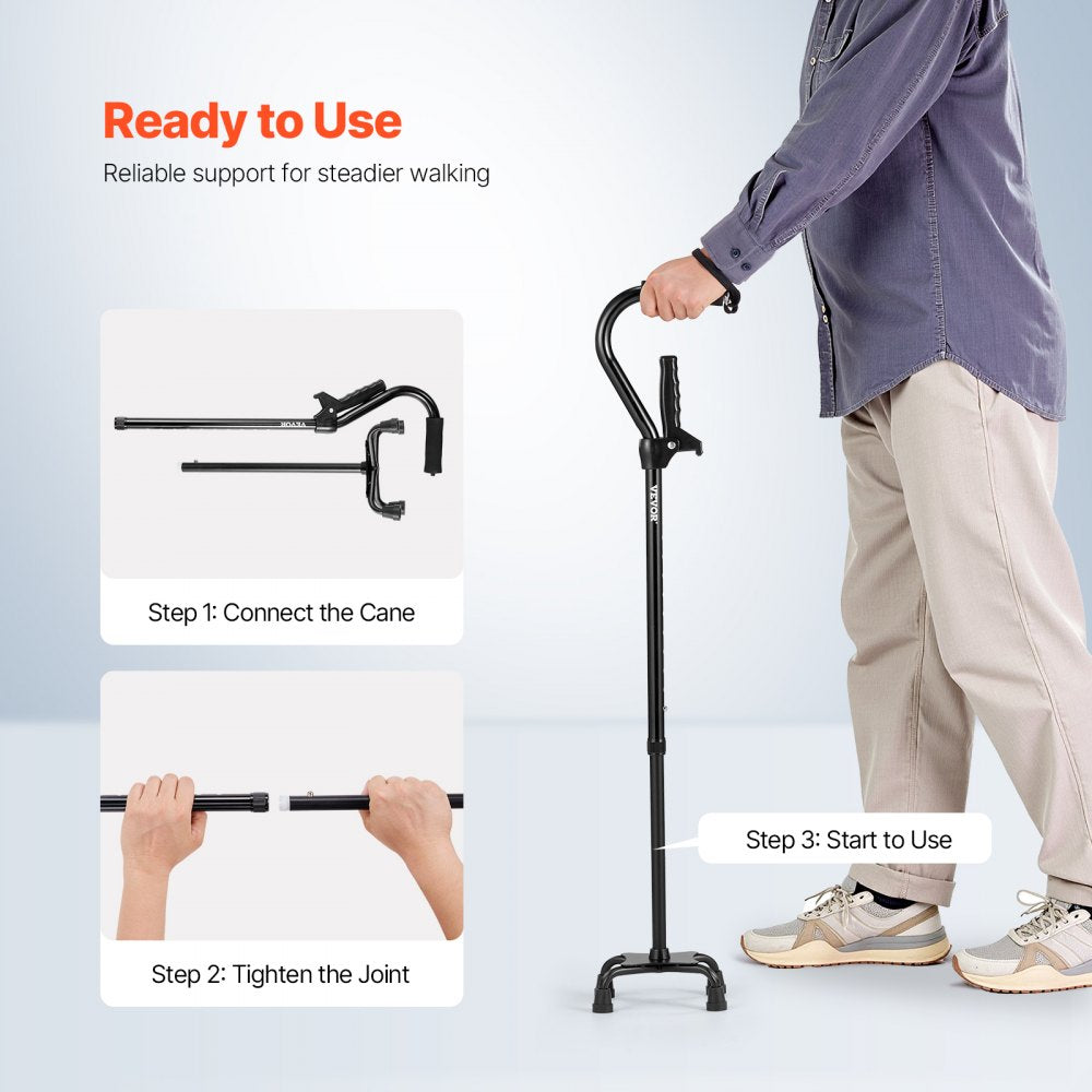 VEVOR Quad Walking Cane, 10-Level Height Adjustable Walking Stick with 4-Pronged Stable Base, Lightweight & Portable Aluminum Mobility Walking Aid for Seniors Adults Man Woman, 250LBS Loading Capacity