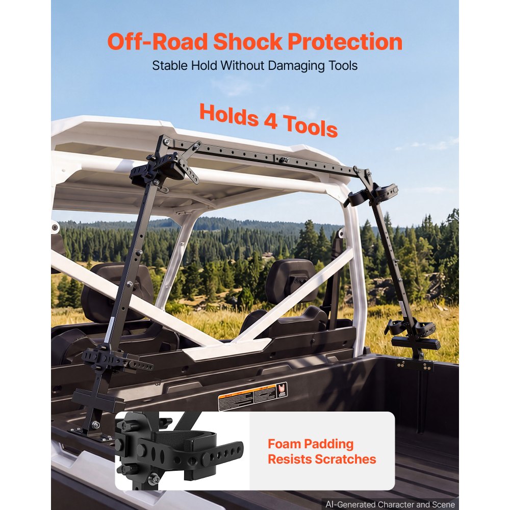 VEVOR UTV Hunting Tool Rack for Cargo Beds Alloy Steel Hunting Tool Holder, Fits Polaris Ranger General Pioneer Golf Cart, 25.59-41.14 in Adjustable Length 28.35-36.61 in Height, with Rubber Straps