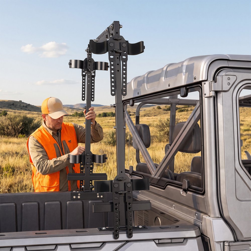 VEVOR UTV Hunting Tool Rack for Cargo Beds Alloy Steel Hunting Tool Holder, Fits Polaris Ranger General Pioneer Golf Cart, 25.59-41.14 in Adjustable Length 28.35-36.61 in Height, with Rubber Straps