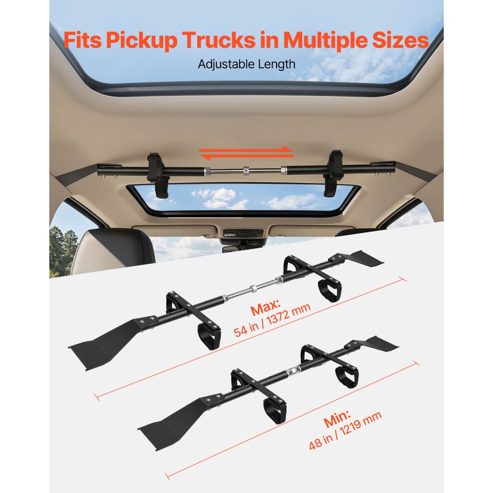 VEVOR Hunting Tool Rack Alloy Steel 48"-54" Overhead Hunting Tool Holder, for Crew Cab Pickup Trucks & SUVs with Center Pillar, Roof Mounted, No Drilling Required, Easy Installation, with Straps